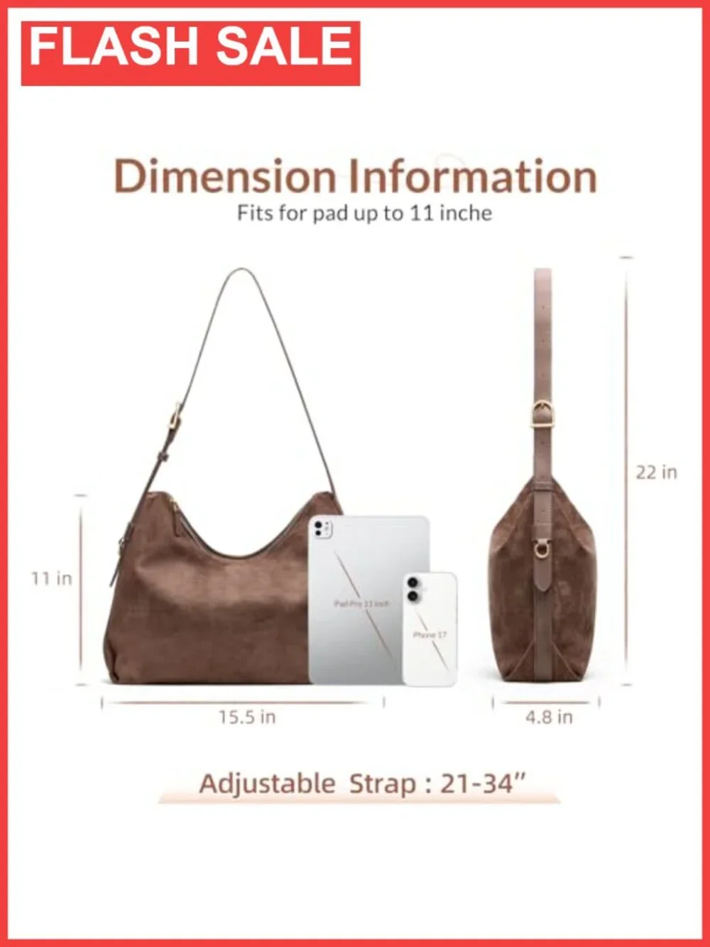 Suede Slouchy Hobo Shoulder Bag Adjustable Strap Multi Pocket Purse